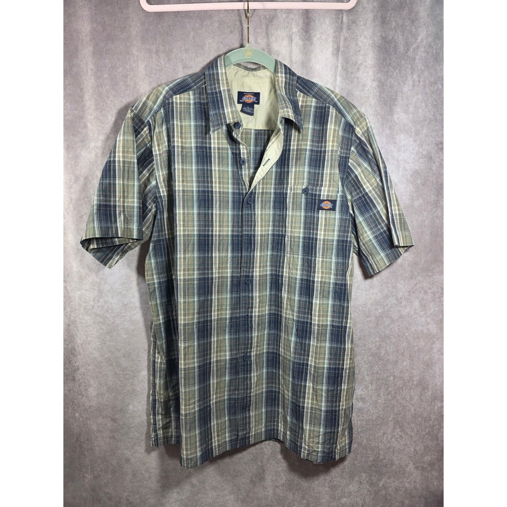 Dickies Mens XL Blue Green Plaid Short Sleeve Button Down Cotton Work Shirt